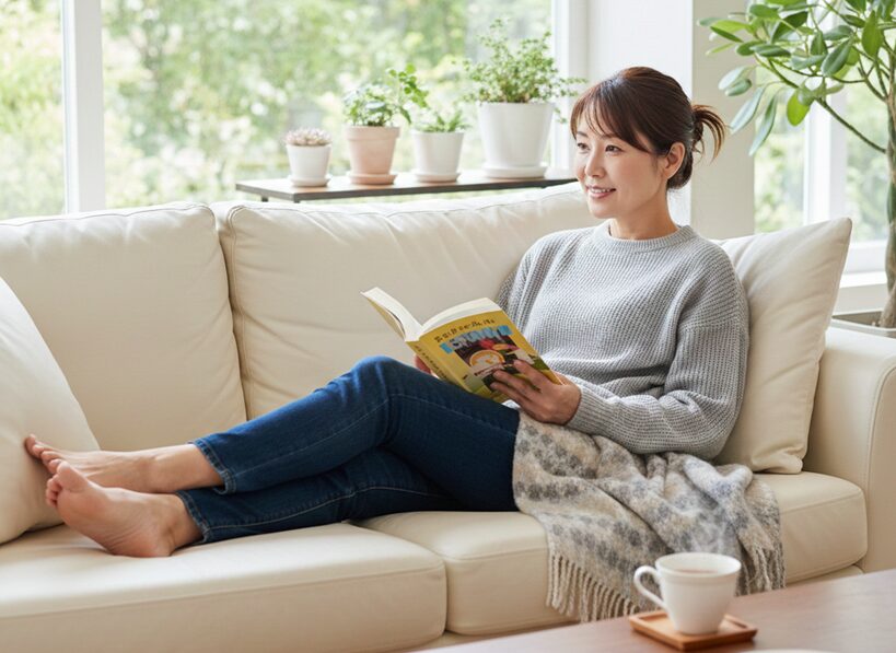 ソファでくつろいでいる女性