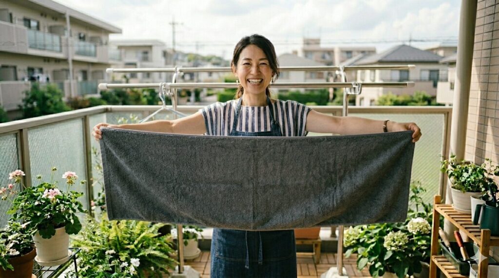 タオルを広げる笑顔の女性　　グレー
