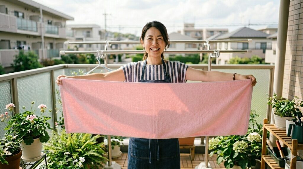 ベランダでタオルを広げる笑顔の主婦　ピンク